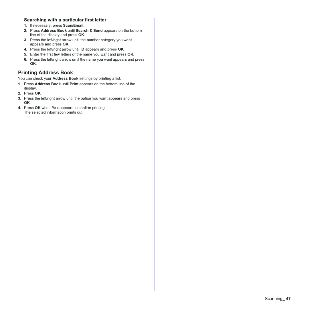 Samsung CLX-3170 manual Printing Address Book, Searching with a particular first letter 