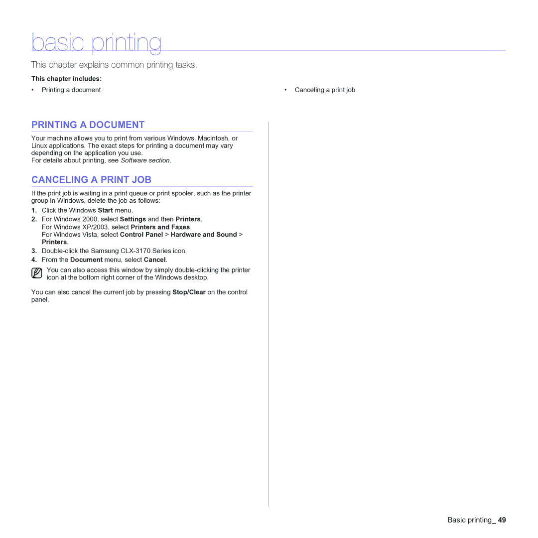 Samsung CLX-3170 manual Basic printing, Printing a Document, Canceling a Print JOB 