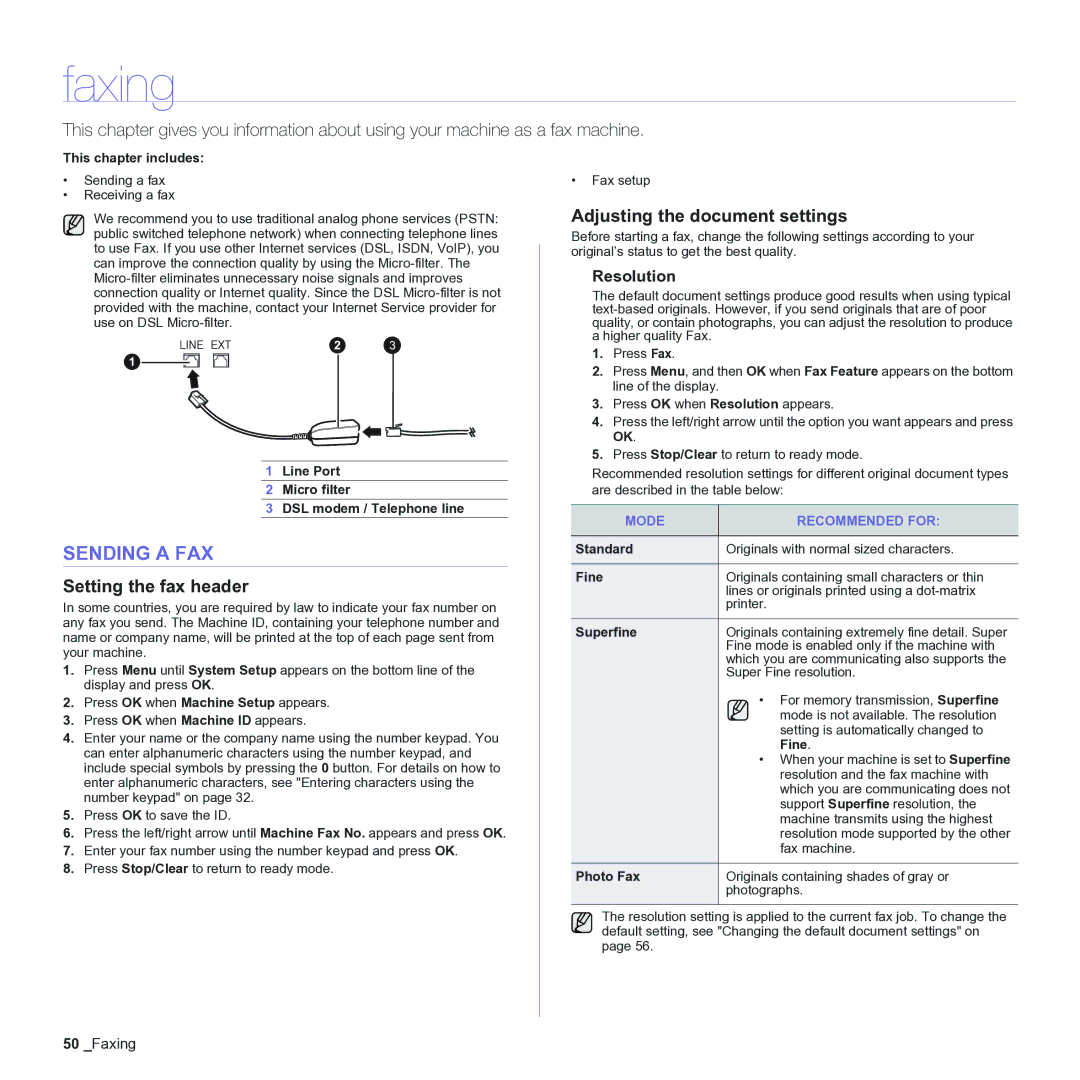 Samsung CLX-3170 manual Faxing, Sending a FAX, Setting the fax header, Adjusting the document settings, Resolution 