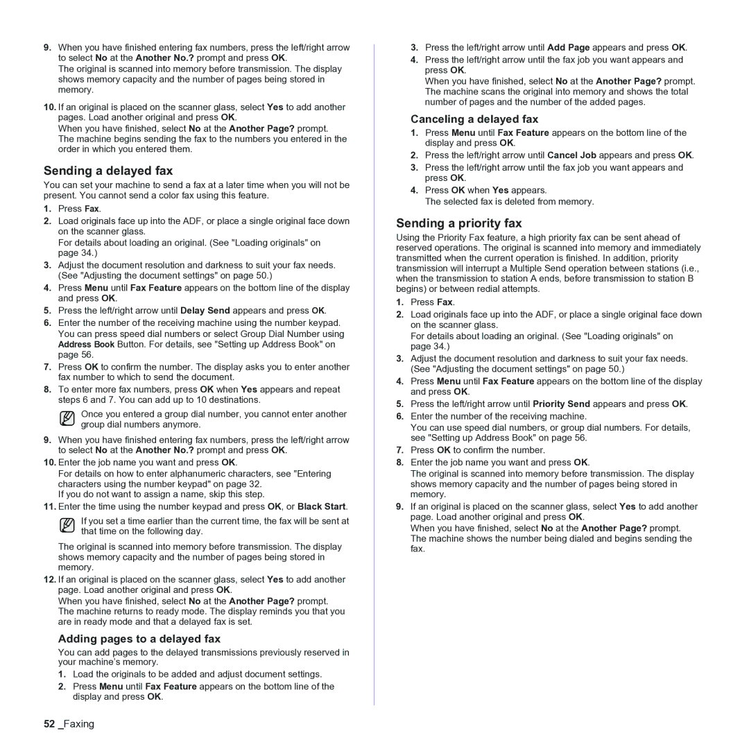 Samsung CLX-3170 Sending a delayed fax, Sending a priority fax, Adding pages to a delayed fax, Canceling a delayed fax 