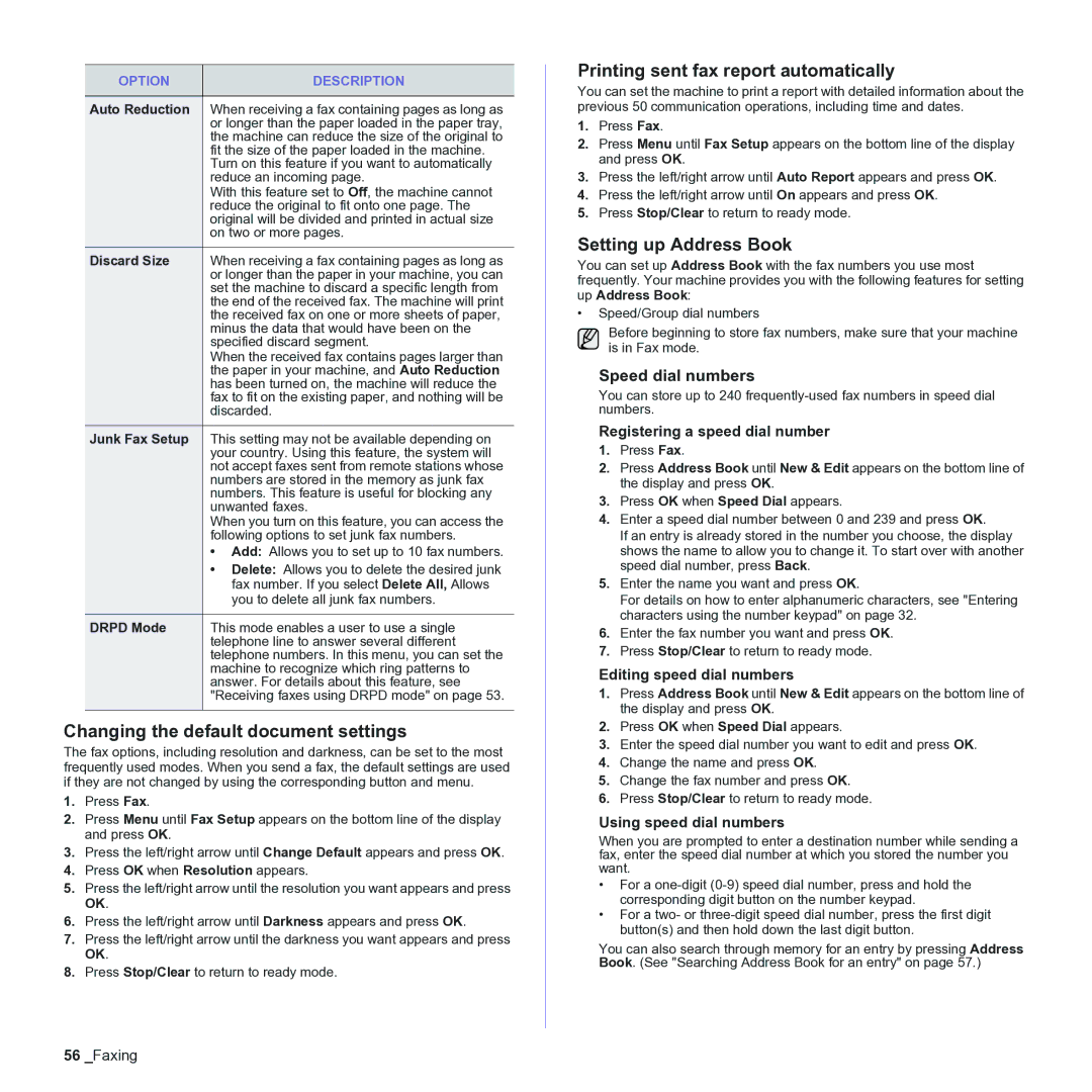 Samsung CLX-3170 Changing the default document settings, Printing sent fax report automatically, Setting up Address Book 