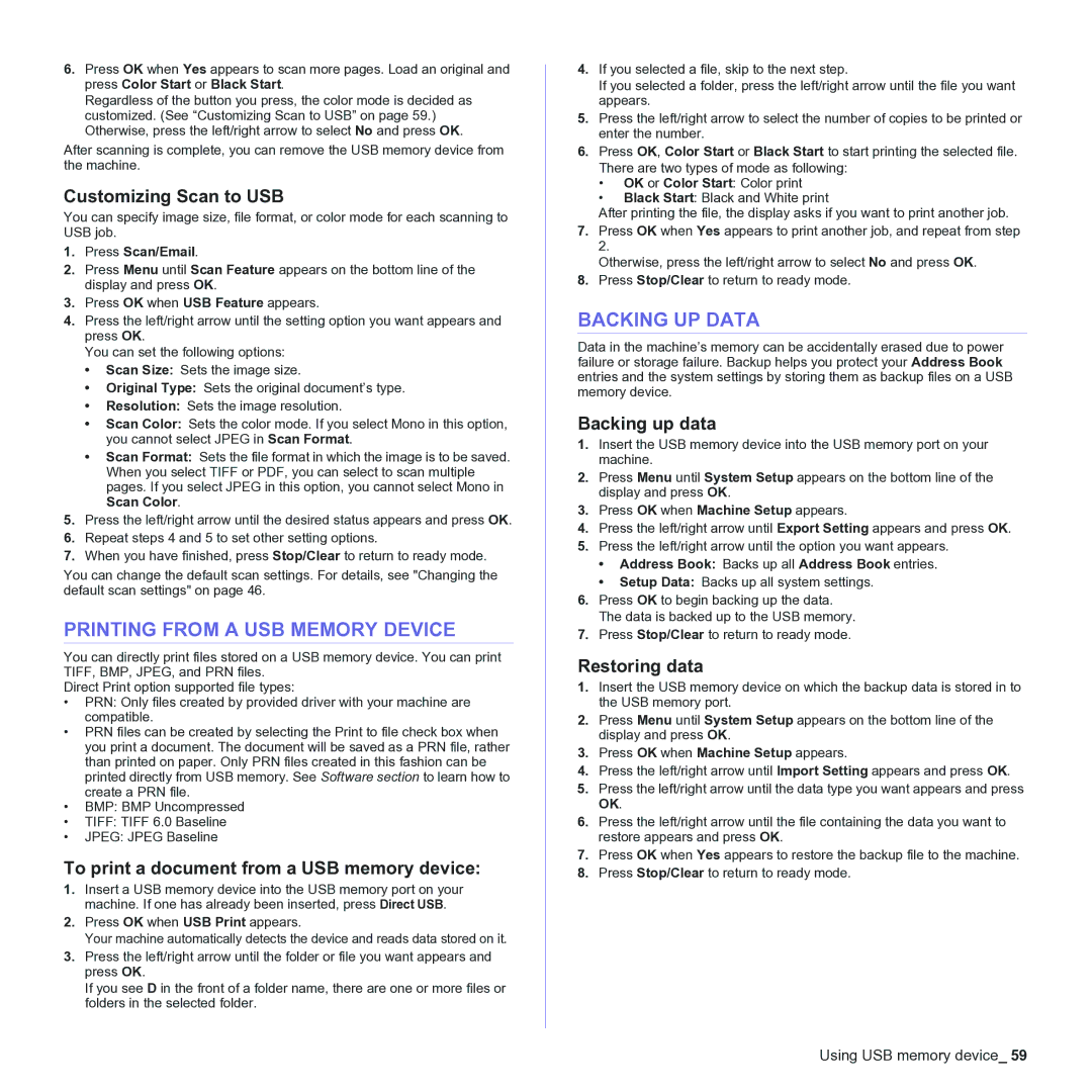 Samsung CLX-3170 manual Printing from a USB Memory Device, Backing UP Data 