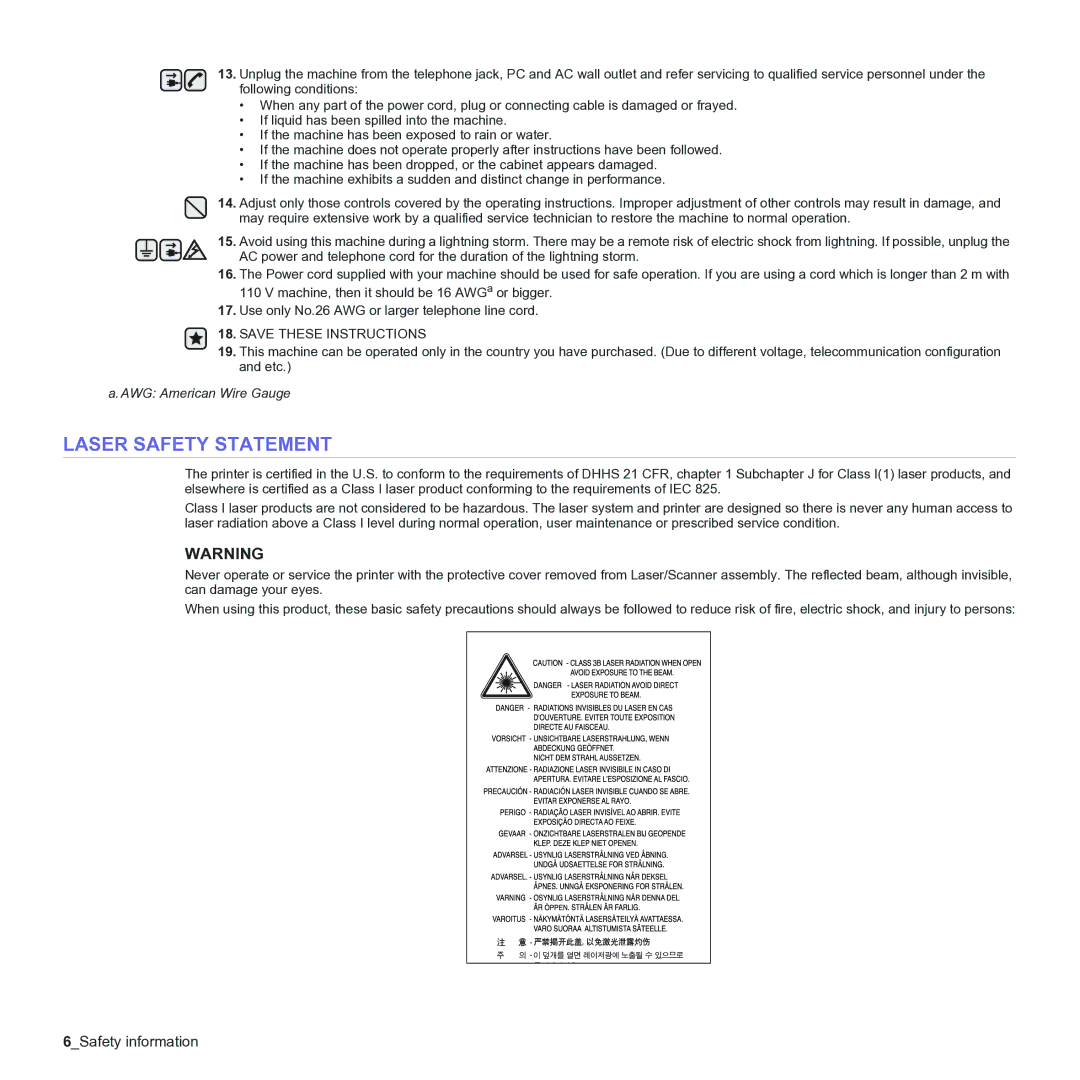 Samsung CLX-3170 manual Laser Safety Statement 