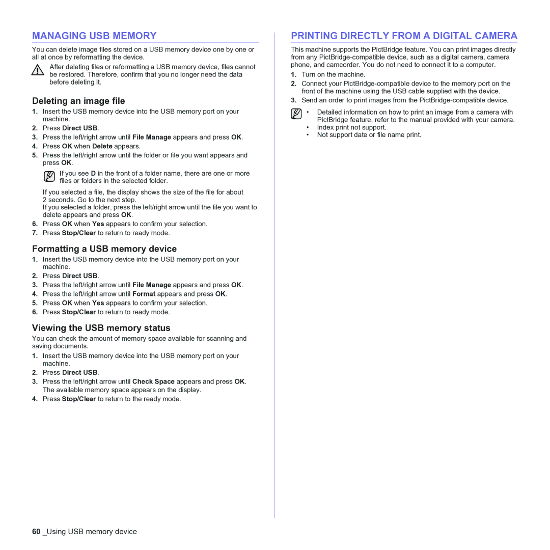 Samsung CLX-3170 manual Managing USB Memory, Printing Directly from a Digital Camera, Deleting an image file 