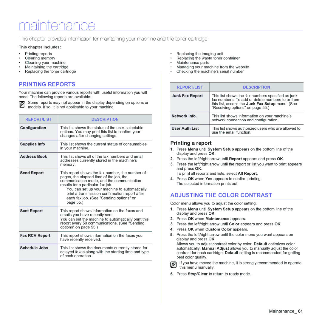 Samsung CLX-3170 Maintenance, Printing Reports, Adjusting the Color Contrast, Printing a report, REPORT/LIST Description 