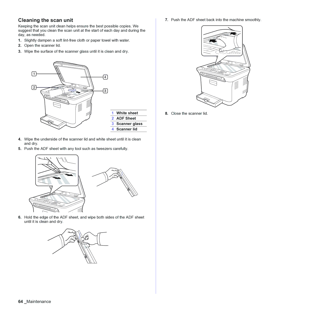 Samsung CLX-3170 manual Cleaning the scan unit, White sheet ADF Sheet Scanner glass Scanner lid 