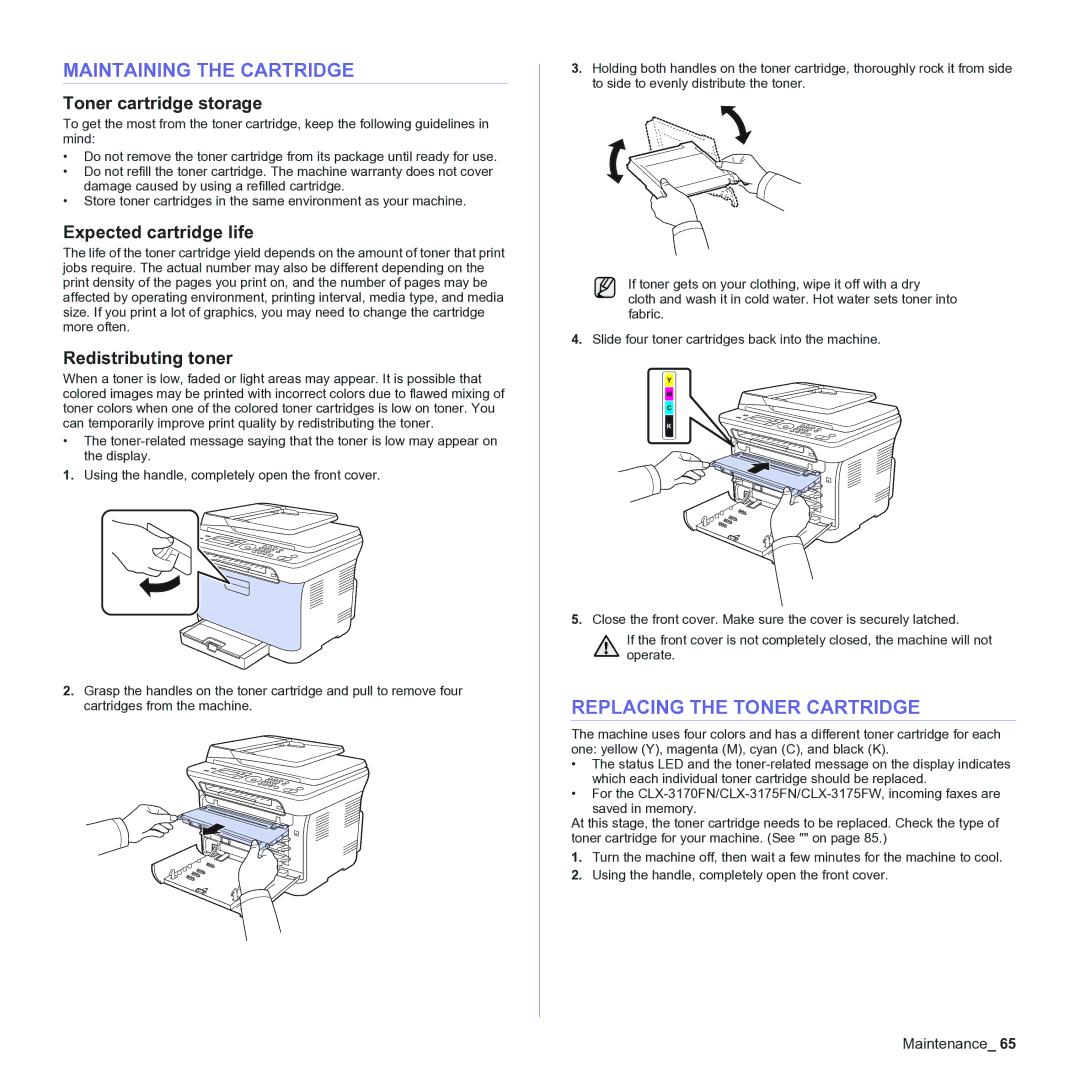 Samsung CLX-3170 Maintaining the Cartridge, Replacing the Toner Cartridge, Toner cartridge storage, Redistributing toner 