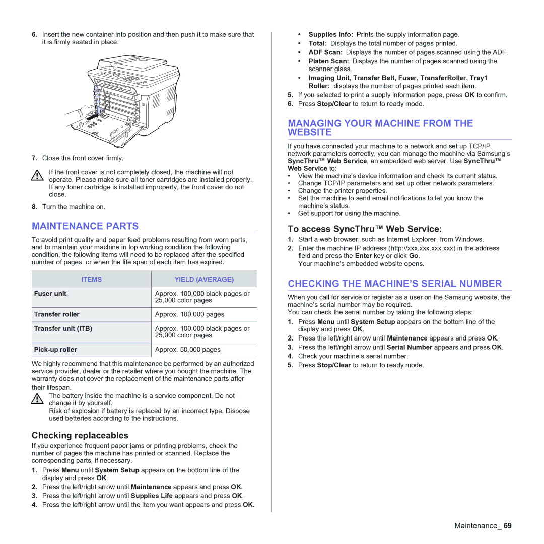 Samsung CLX-3170 manual Maintenance Parts, Managing Your Machine from the Website, Checking the MACHINE’S Serial Number 