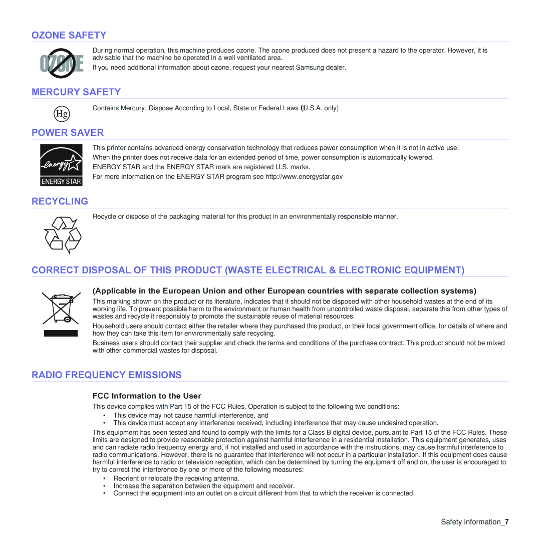 Samsung CLX-3170 manual Ozone Safety, Mercury Safety, Power Saver, Recycling, Radio Frequency Emissions 