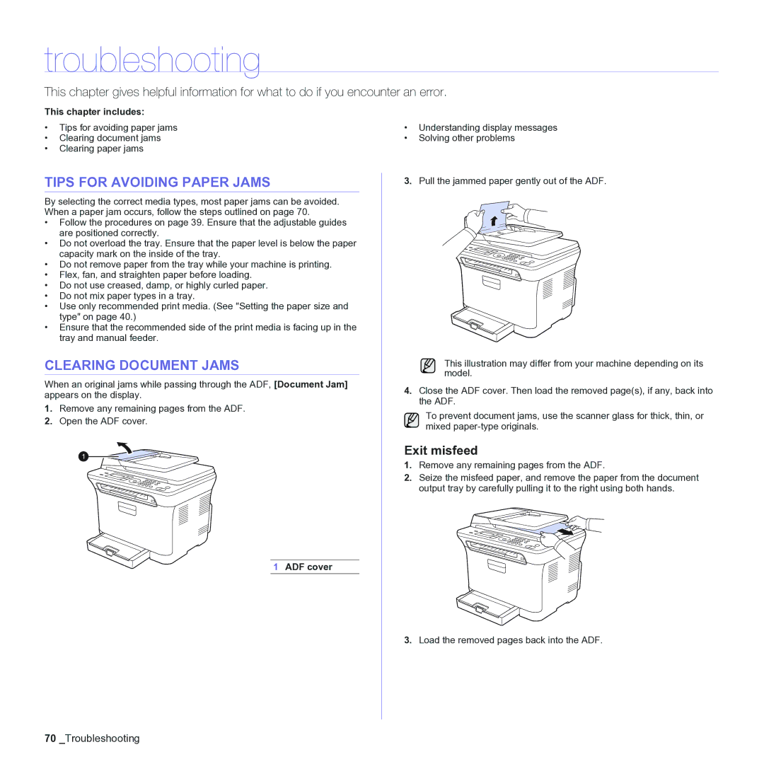 Samsung CLX-3170 manual Troubleshooting, Tips for Avoiding Paper Jams, Clearing Document Jams, Exit misfeed, ADF cover 