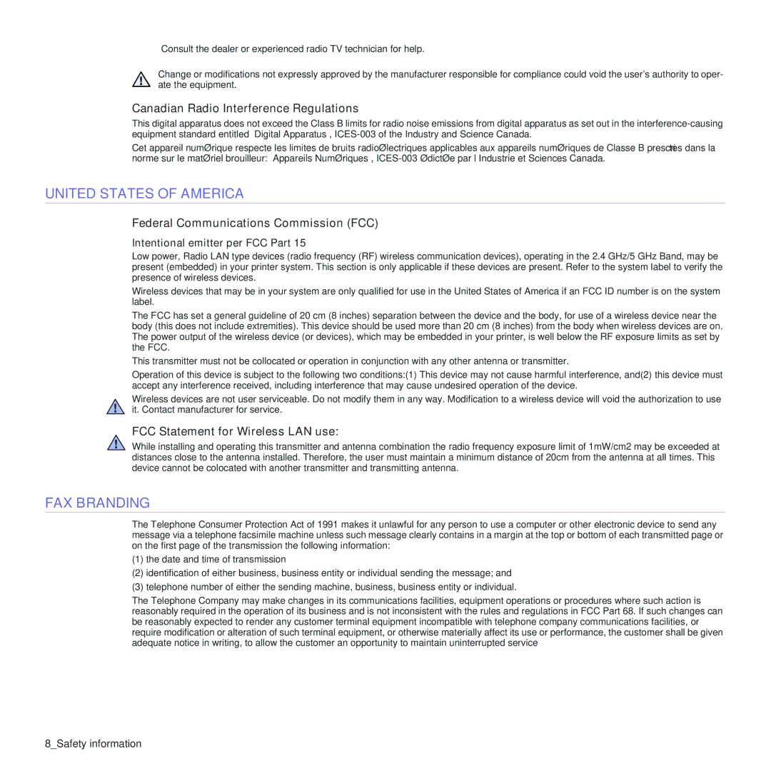 Samsung CLX-3170 manual United States of America, FAX Branding, Canadian Radio Interference Regulations 