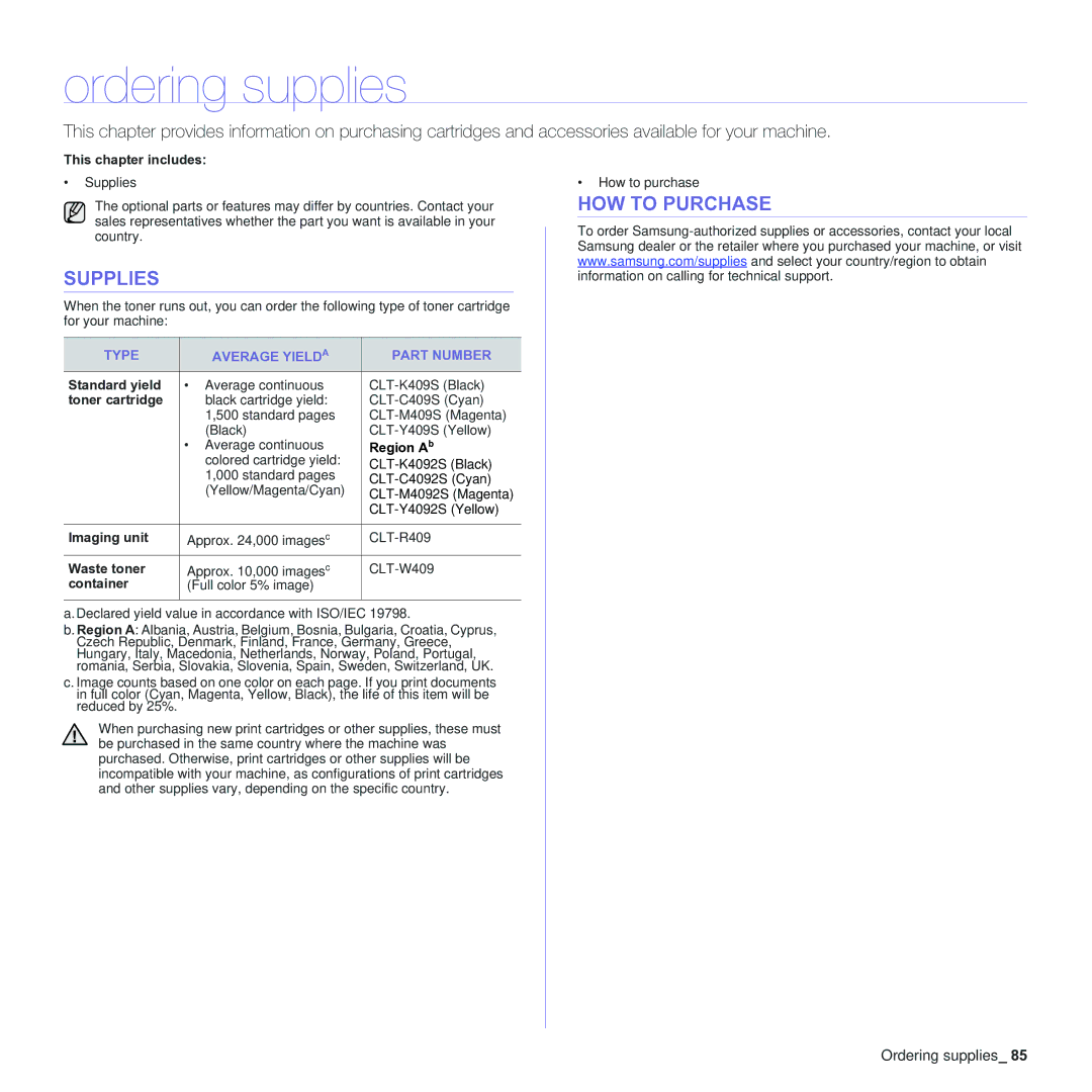 Samsung CLX-3170 manual Ordering supplies, Supplies, HOW to Purchase, Type Average Yielda Part Number 