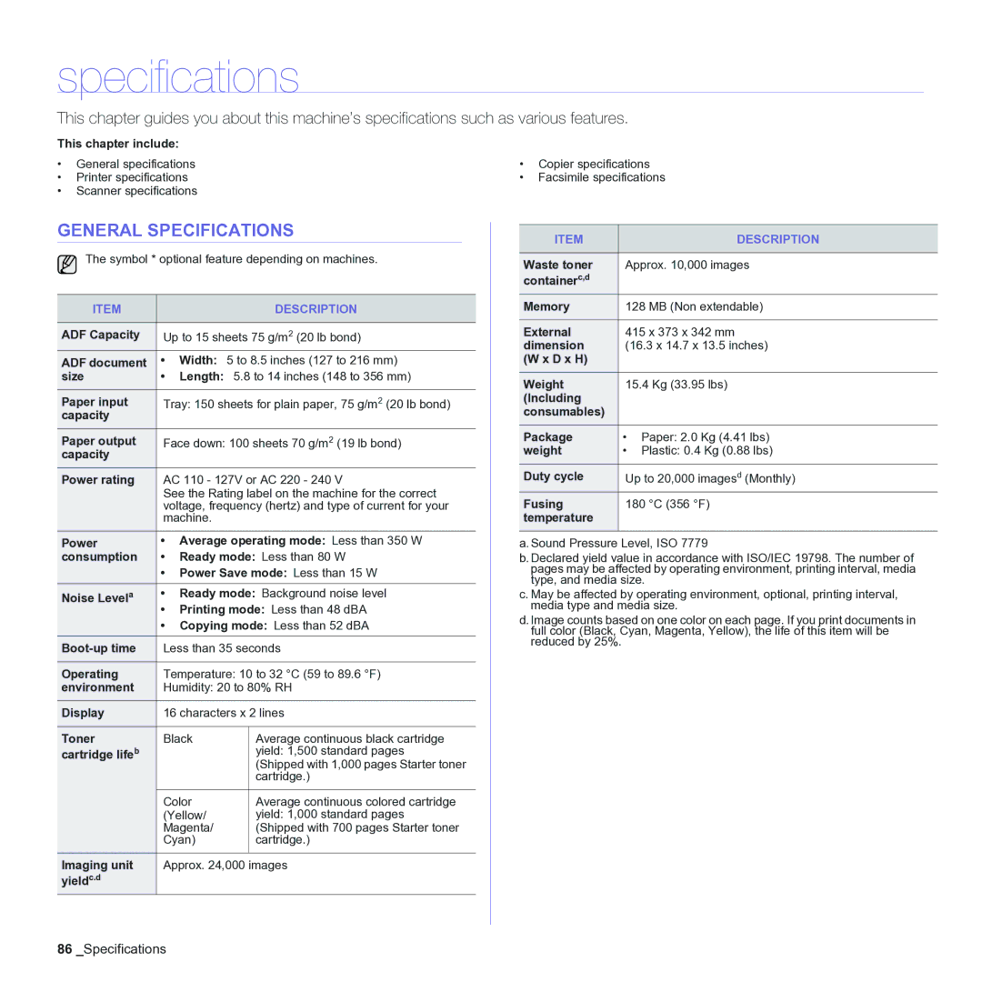 Samsung CLX-3170 manual General Specifications 