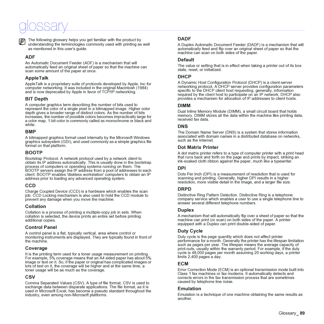 Samsung CLX-3170 manual Glossary 