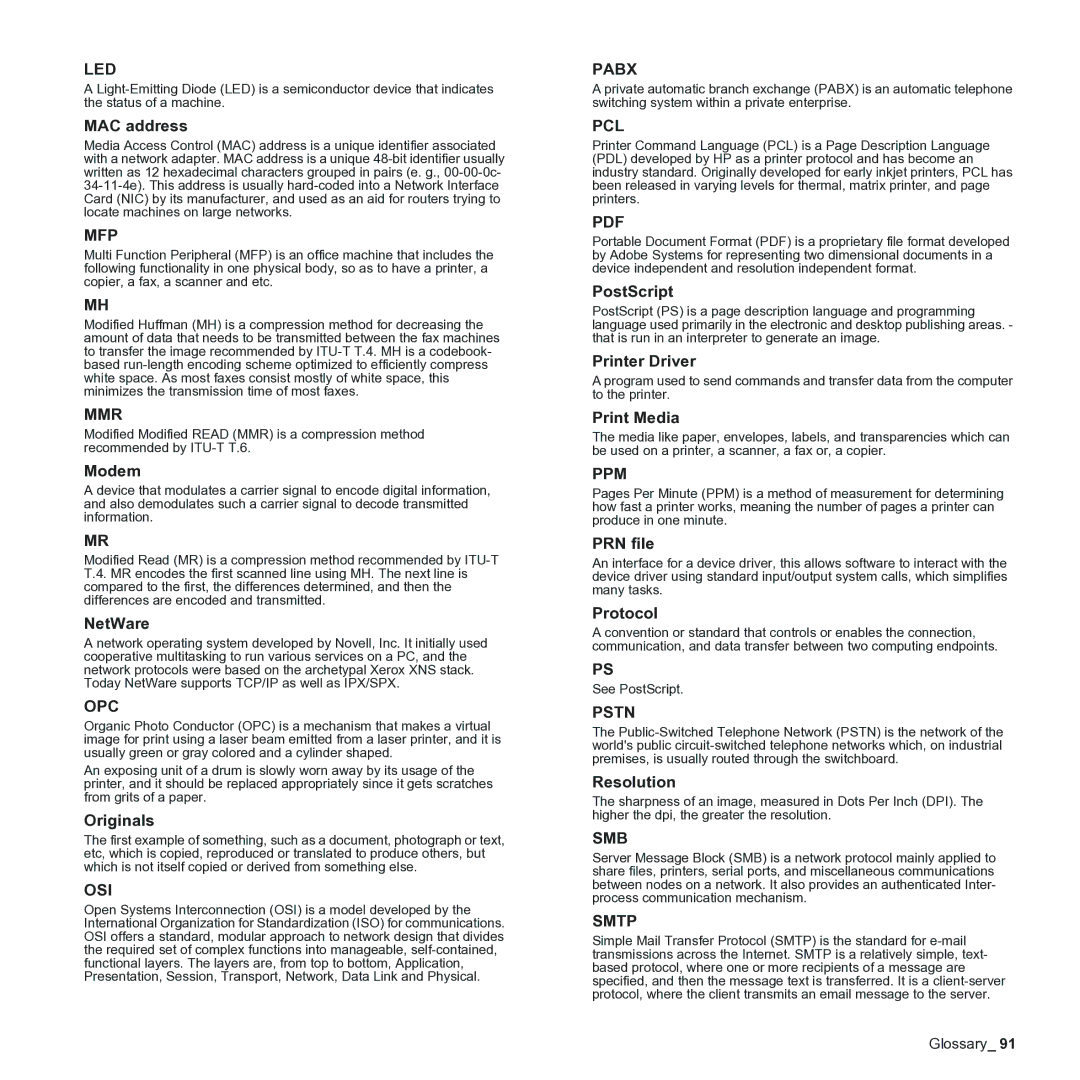 Samsung CLX-3170 manual MAC address, Modem, NetWare, Originals, PostScript, Printer Driver, Print Media, PRN file, Protocol 