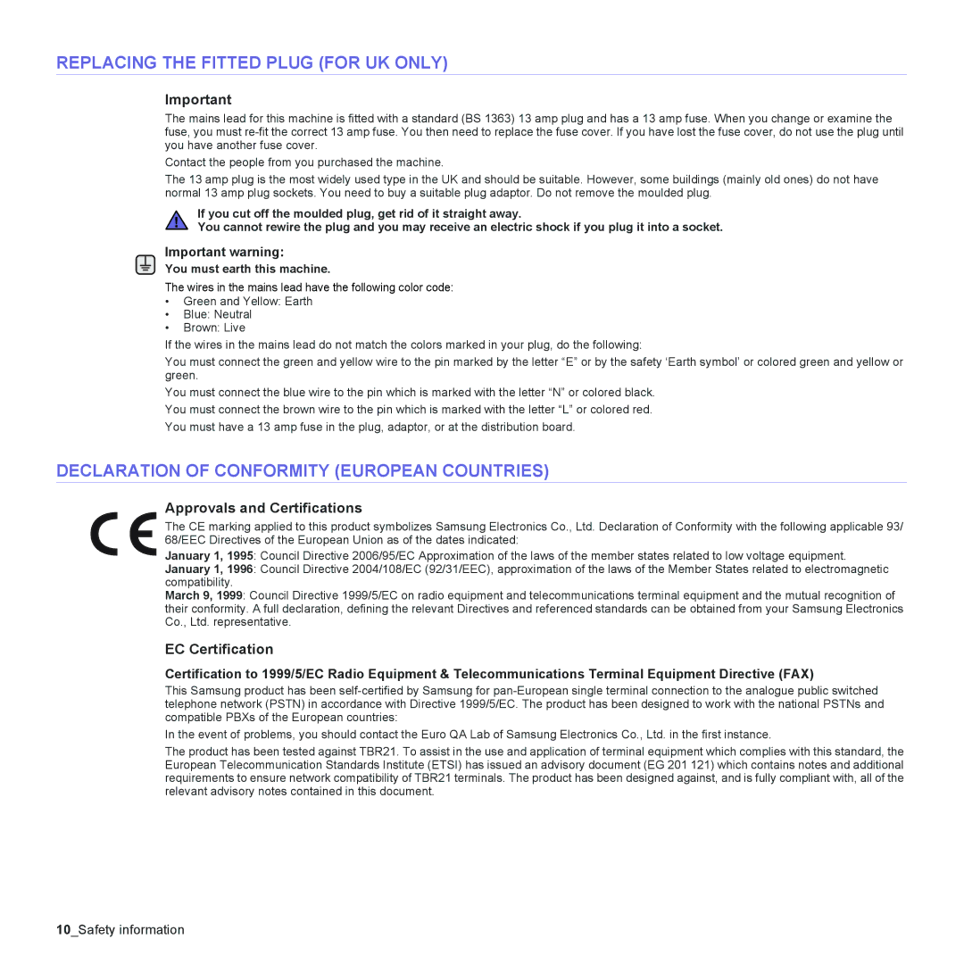 Samsung CLX-3175FW Replacing the Fitted Plug for UK only, Declaration of Conformity European Countries, EC Certification 