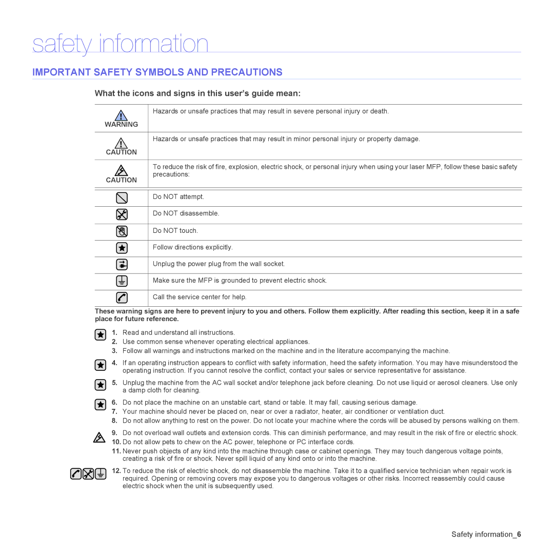 Samsung CLX-3175N, CLX-3175FW, CLX-3175FN, CLX-3170FN manual Safety information6 