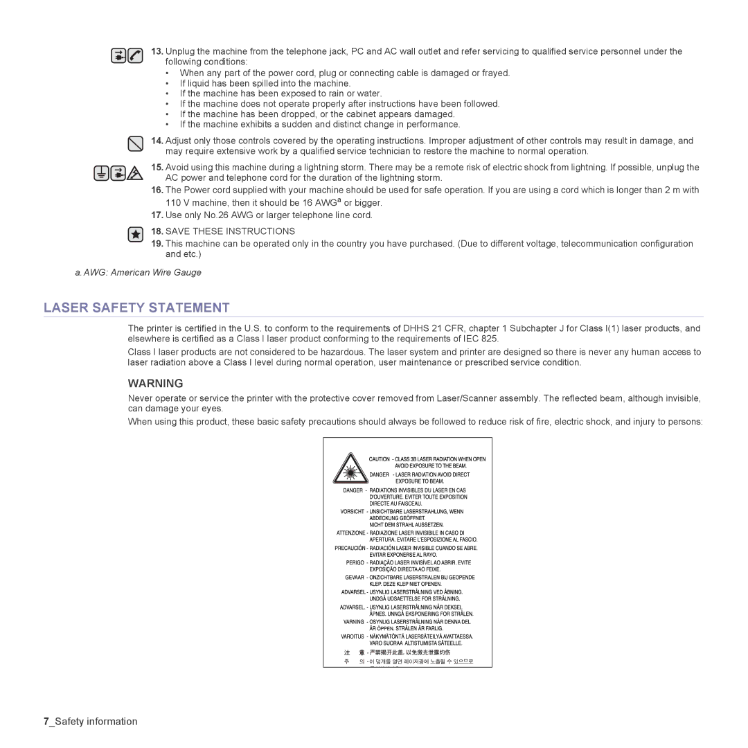 Samsung CLX-3175FW, CLX-3175FN, CLX-3175N, CLX-3170FN manual 7Safety information 