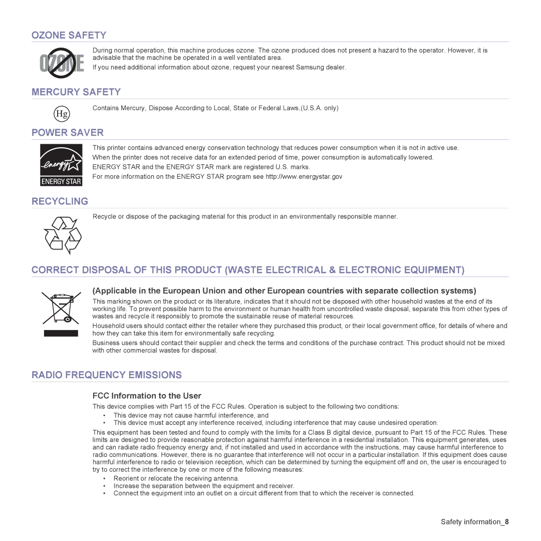 Samsung CLX-3170FN, CLX-3175FW, CLX-3175FN, CLX-3175N manual Safety information8 