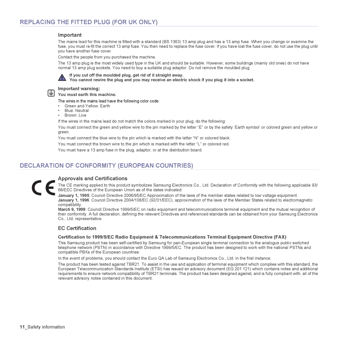 Samsung CLX-3175N, CLX-3175FW, CLX-3175FN, CLX-3170FN manual 11Safety information 