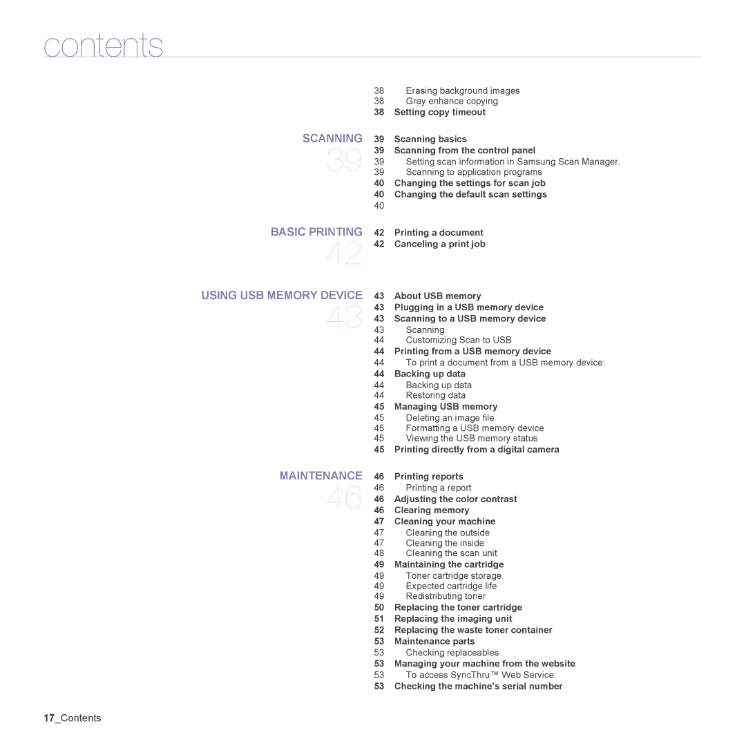 Samsung CLX-3175FW, CLX-3175FN, CLX-3175N, CLX-3170FN manual Scanning Basic Printing Using USB Memory Device Maintenance 