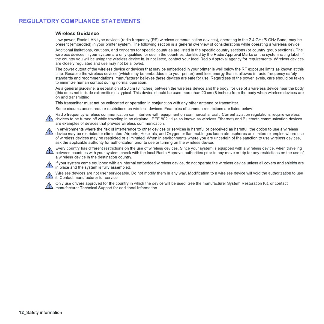 Samsung CLX-3175N, CLX-3175FW, CLX-3175FN, CLX-3170FN manual Regulatory Compliance Statements, Wireless Guidance 