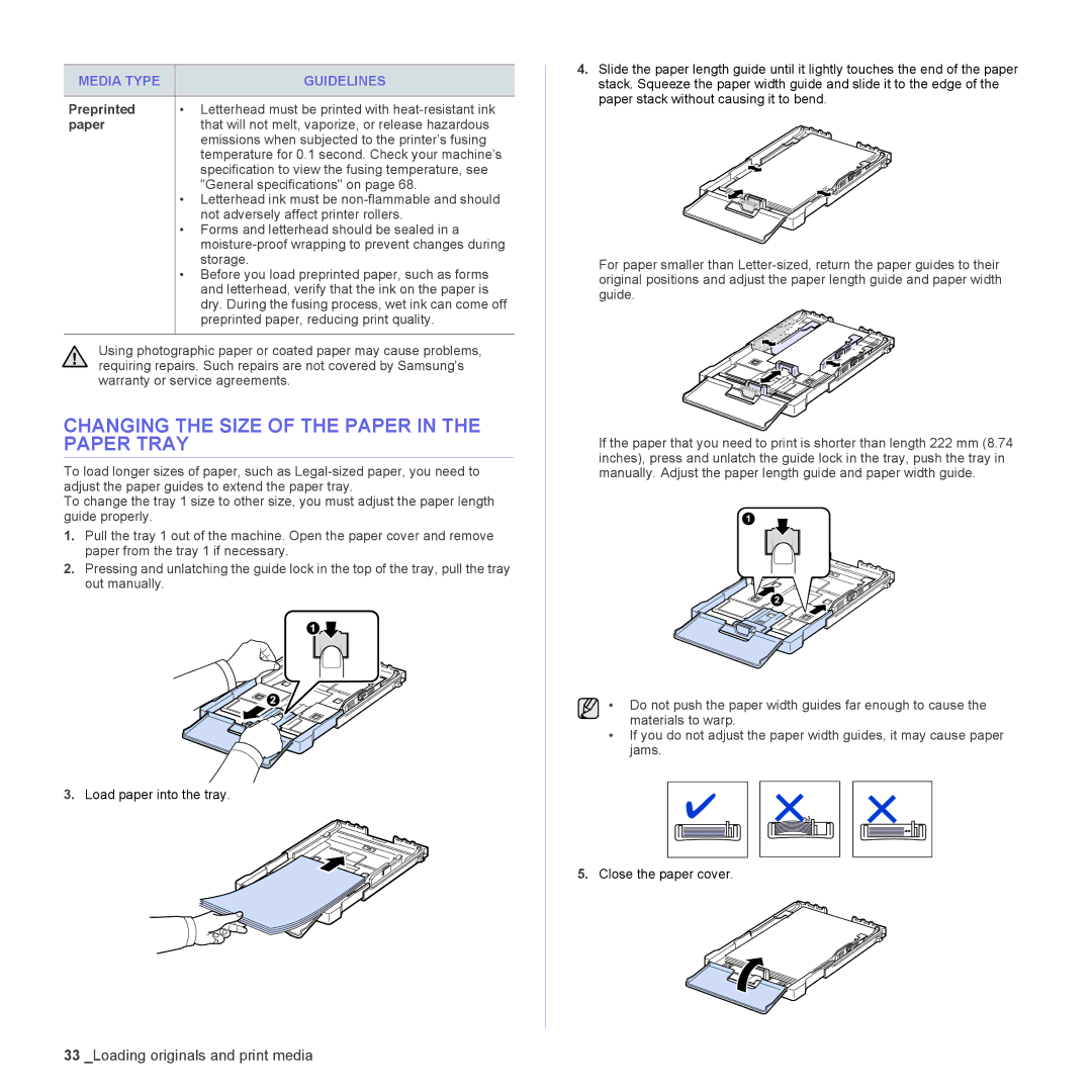 Samsung CLX-3170FN, CLX-3175FW, CLX-3175FN, CLX-3175N manual Changing the Size of the Paper in the Paper Tray 