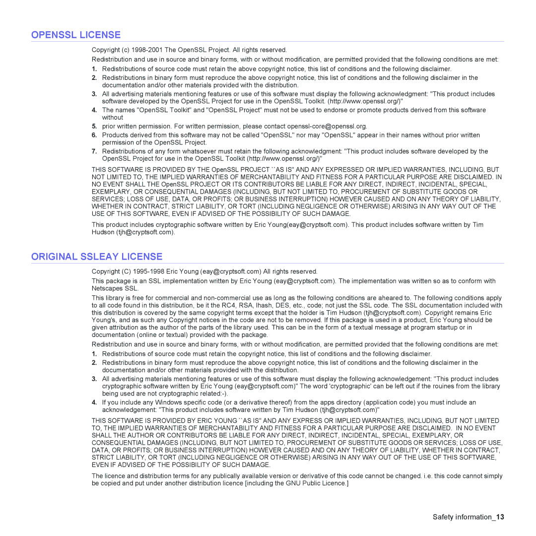 Samsung CLX-3175FW, CLX-3175FN, CLX-3175N, CLX-3170FN manual Openssl License, Original Ssleay License 