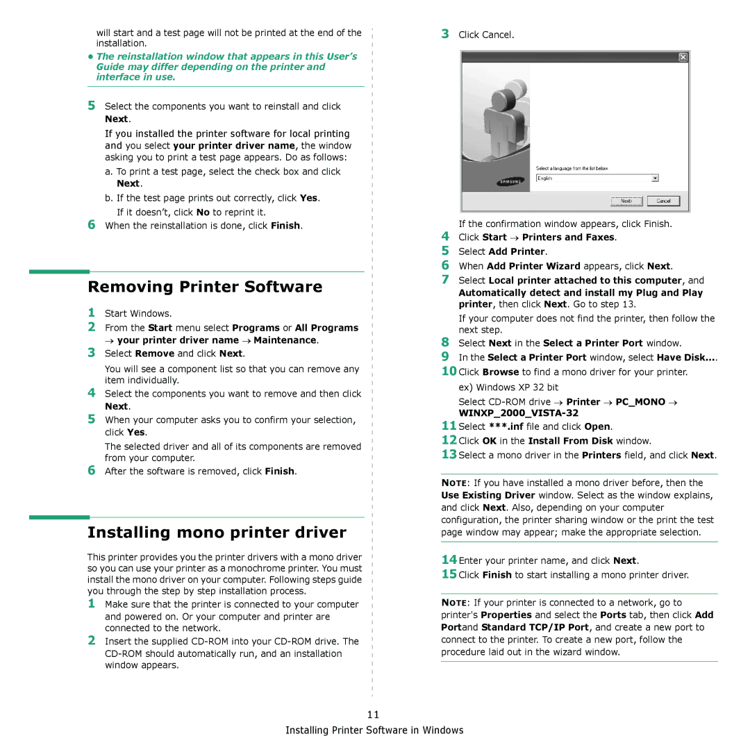 Samsung CLX-3175FN, CLX-3175FW, CLX-3175N, CLX-3170FN manual Removing Printer Software, Installing mono printer driver, Next 