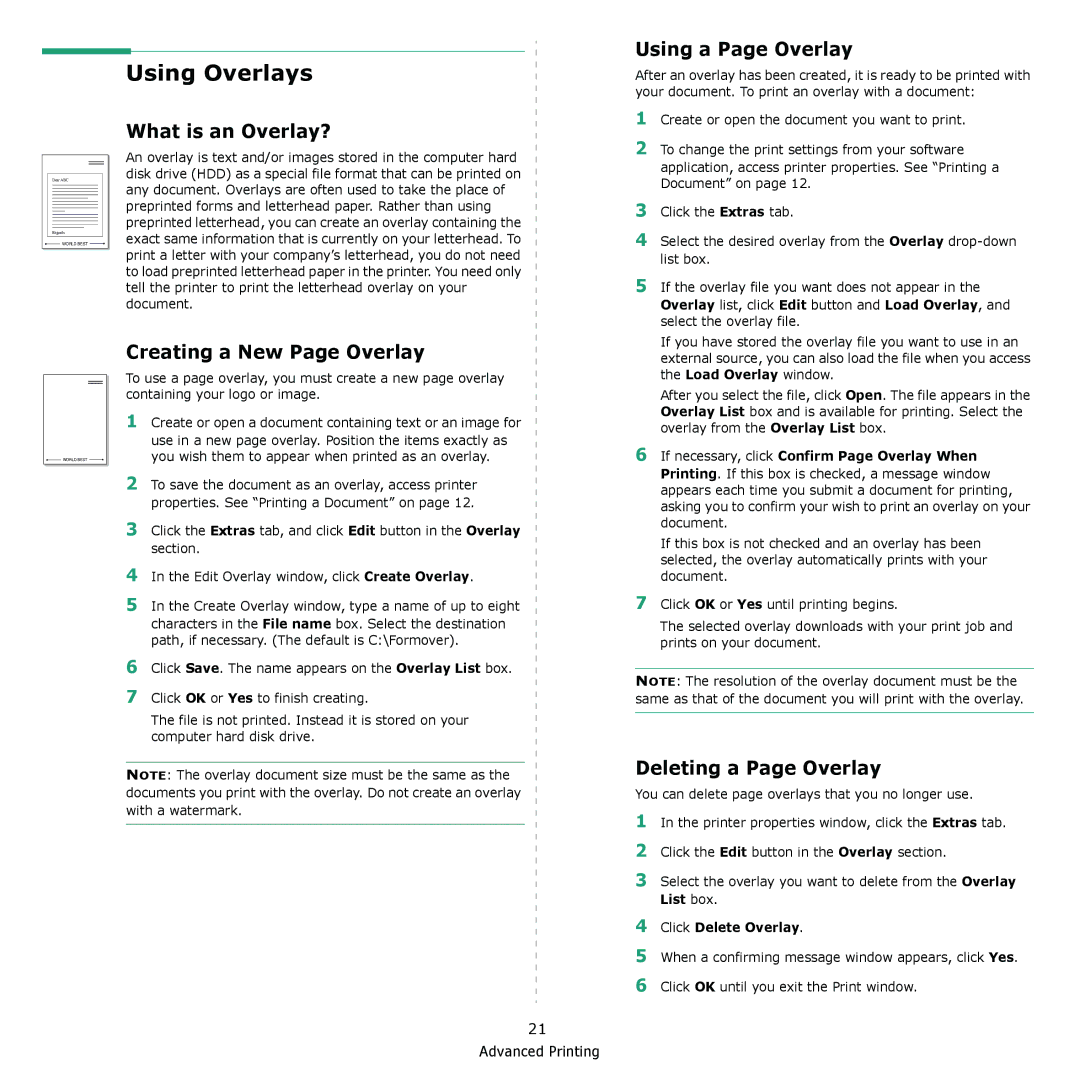 Samsung CLX-3175FN, CLX-3175FW manual Using Overlays, What is an Overlay?, Using a Page Overlay, Creating a New Page Overlay 