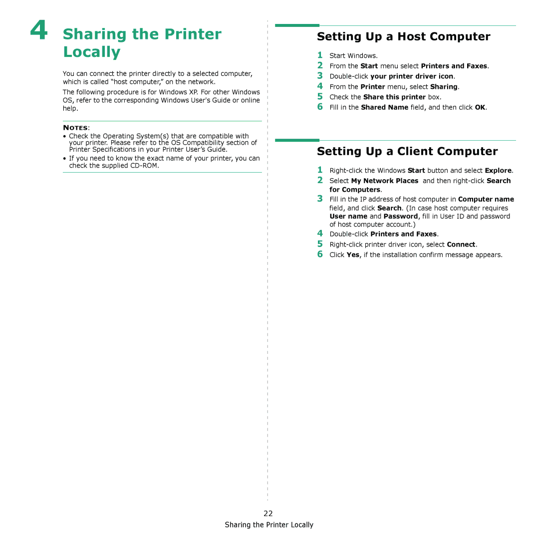 Samsung CLX-3175N, CLX-3175FW Setting Up a Host Computer, Setting Up a Client Computer, Check the Share this printer box 