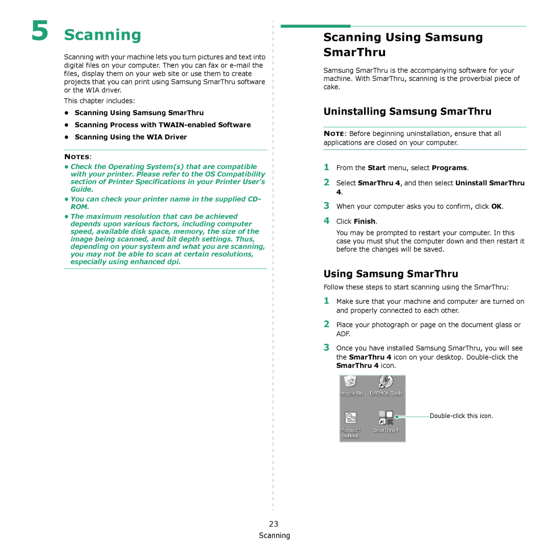 Samsung CLX-3175FW, CLX-3175FN, CLX-3175N, CLX-3170FN manual Scanning Using Samsung SmarThru, Uninstalling Samsung SmarThru 