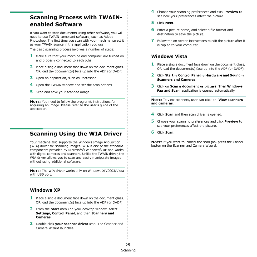 Samsung CLX-3175FW Scanning Process with TWAIN- enabled Software, Scanning Using the WIA Driver, Windows XP, Windows Vista 