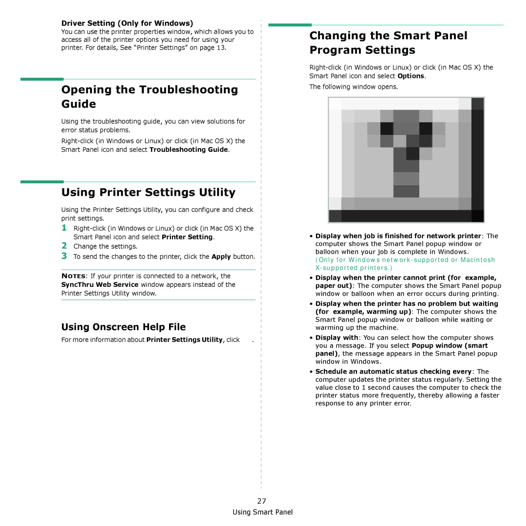 Samsung CLX-3175N, CLX-3175FW, CLX-3175FN manual Opening the Troubleshooting Guide, Changing the Smart Panel Program Settings 