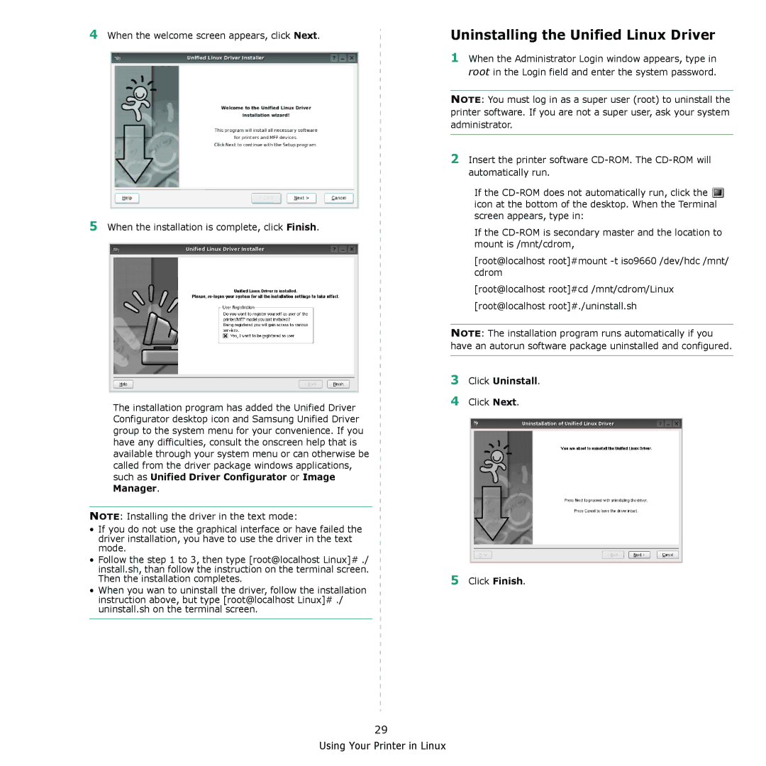 Samsung CLX-3170FN, CLX-3175FW, CLX-3175FN, CLX-3175N manual Uninstalling the Unified Linux Driver, Click Uninstall 