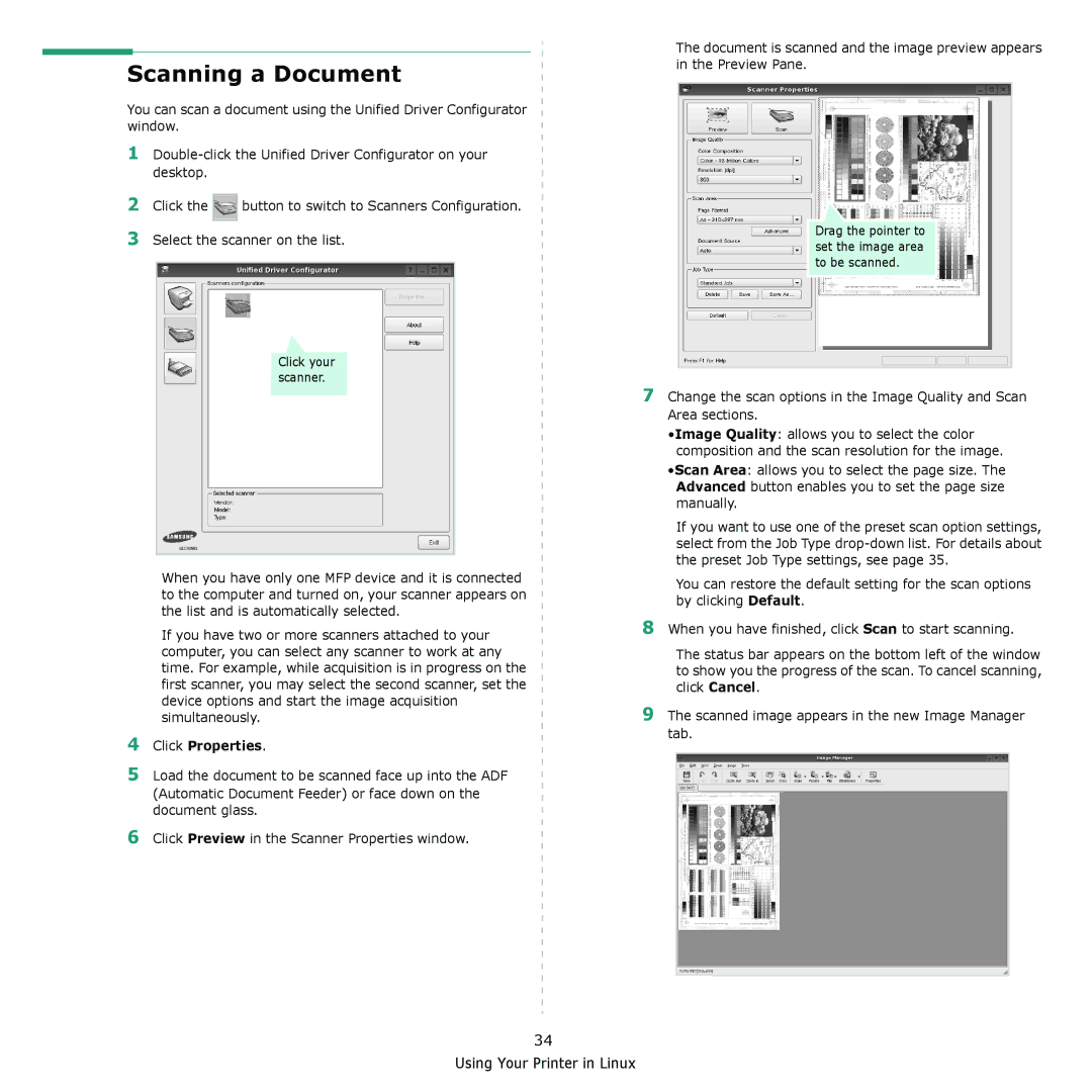 Samsung CLX-3170FN, CLX-3175FW, CLX-3175FN, CLX-3175N manual Scanning a Document, Click Properties 