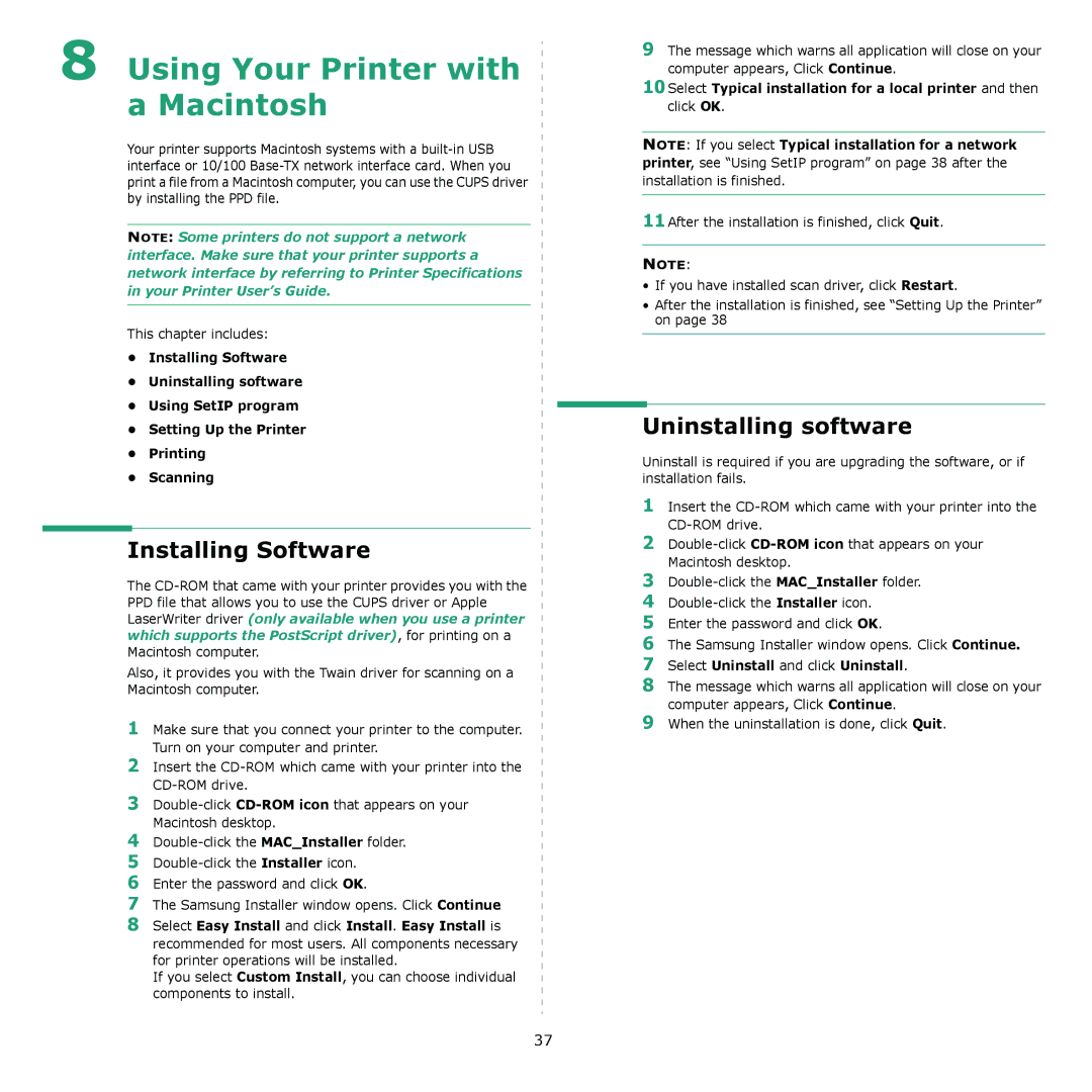 Samsung CLX-3175N manual Installing Software, Uninstalling software, Select Easy Install and click Install. Easy Install is 