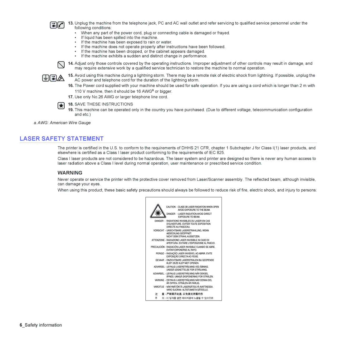 Samsung CLX-3175FN, CLX-3175FW, CLX-3175N, CLX-3170FN manual Laser Safety Statement 