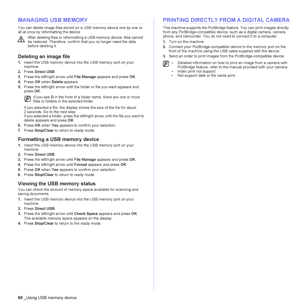 Samsung CLX-3175FW, CLX-3175FN manual Managing USB Memory, Printing Directly from a Digital Camera, Deleting an image file 