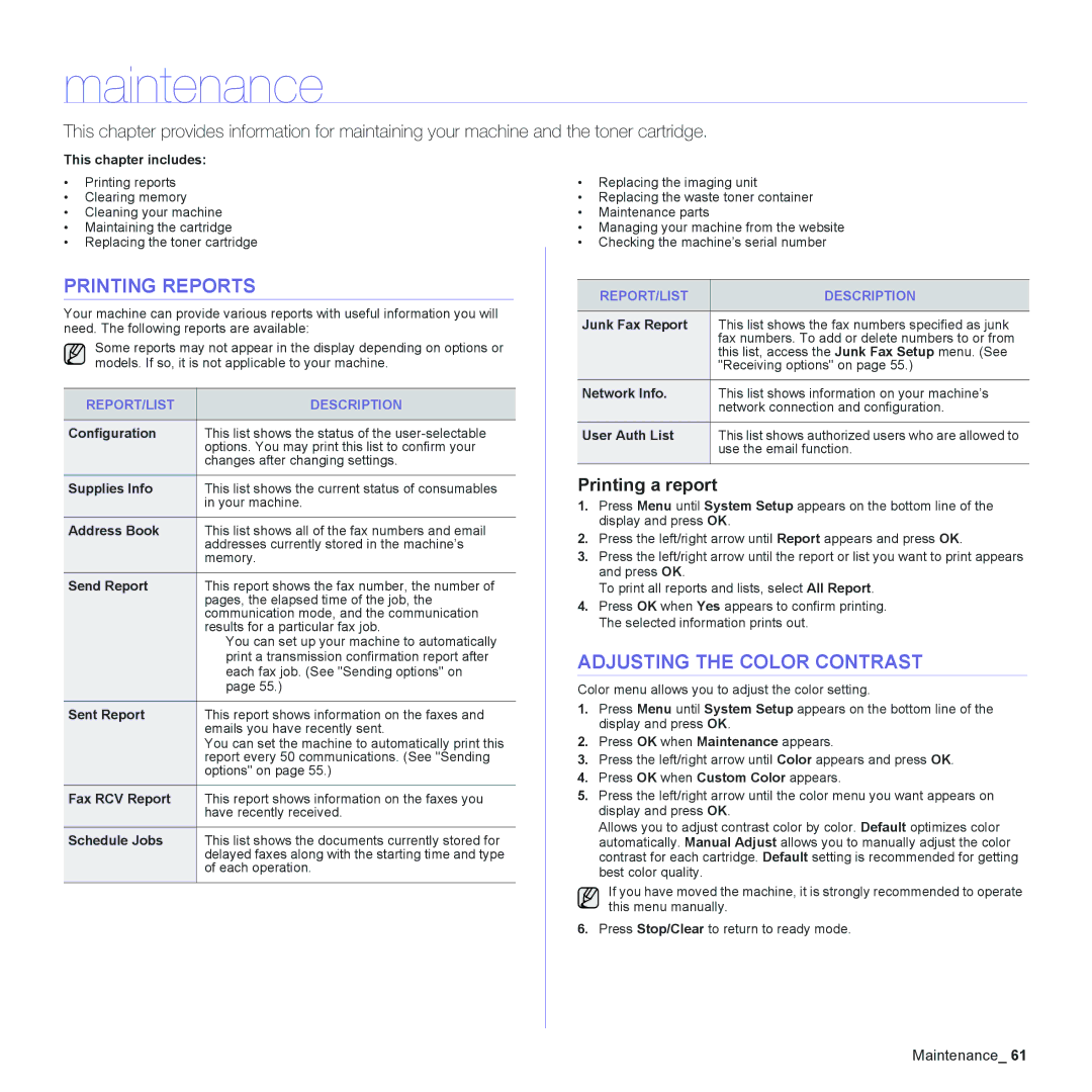 Samsung CLX-3175FN Maintenance, Printing Reports, Adjusting the Color Contrast, Printing a report, REPORT/LIST Description 