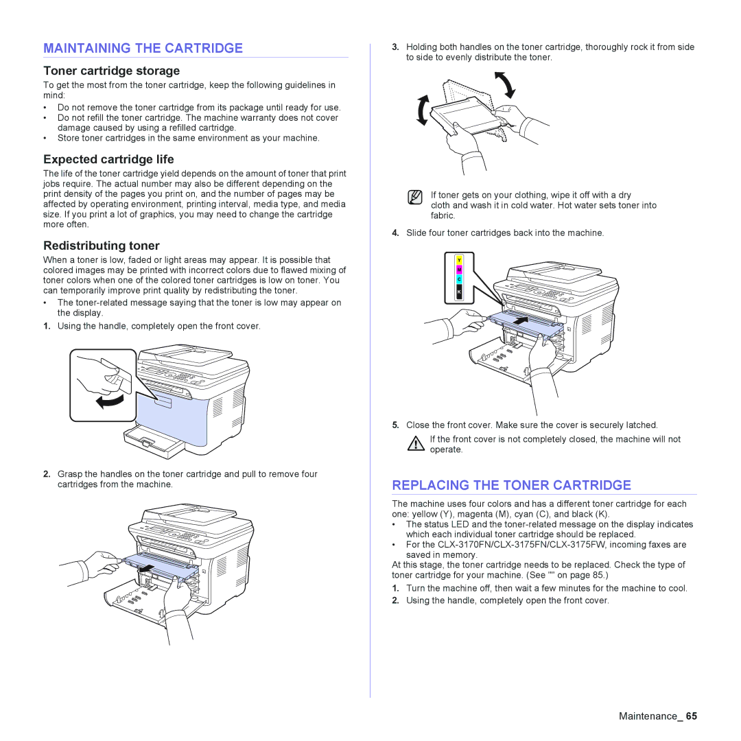 Samsung CLX-3175FW Maintaining the Cartridge, Replacing the Toner Cartridge, Toner cartridge storage, Redistributing toner 