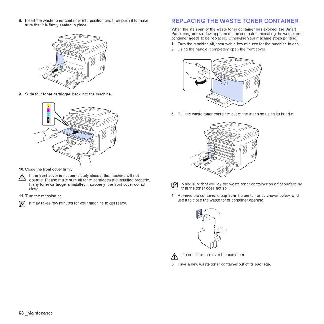 Samsung CLX-3175FW, CLX-3175FN, CLX-3175N, CLX-3170FN manual Replacing the Waste Toner Container 