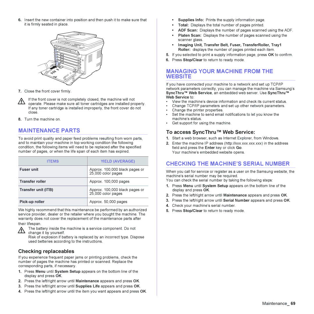 Samsung CLX-3170FN manual Maintenance Parts, Managing Your Machine from the Website, Checking the MACHINE’S Serial Number 