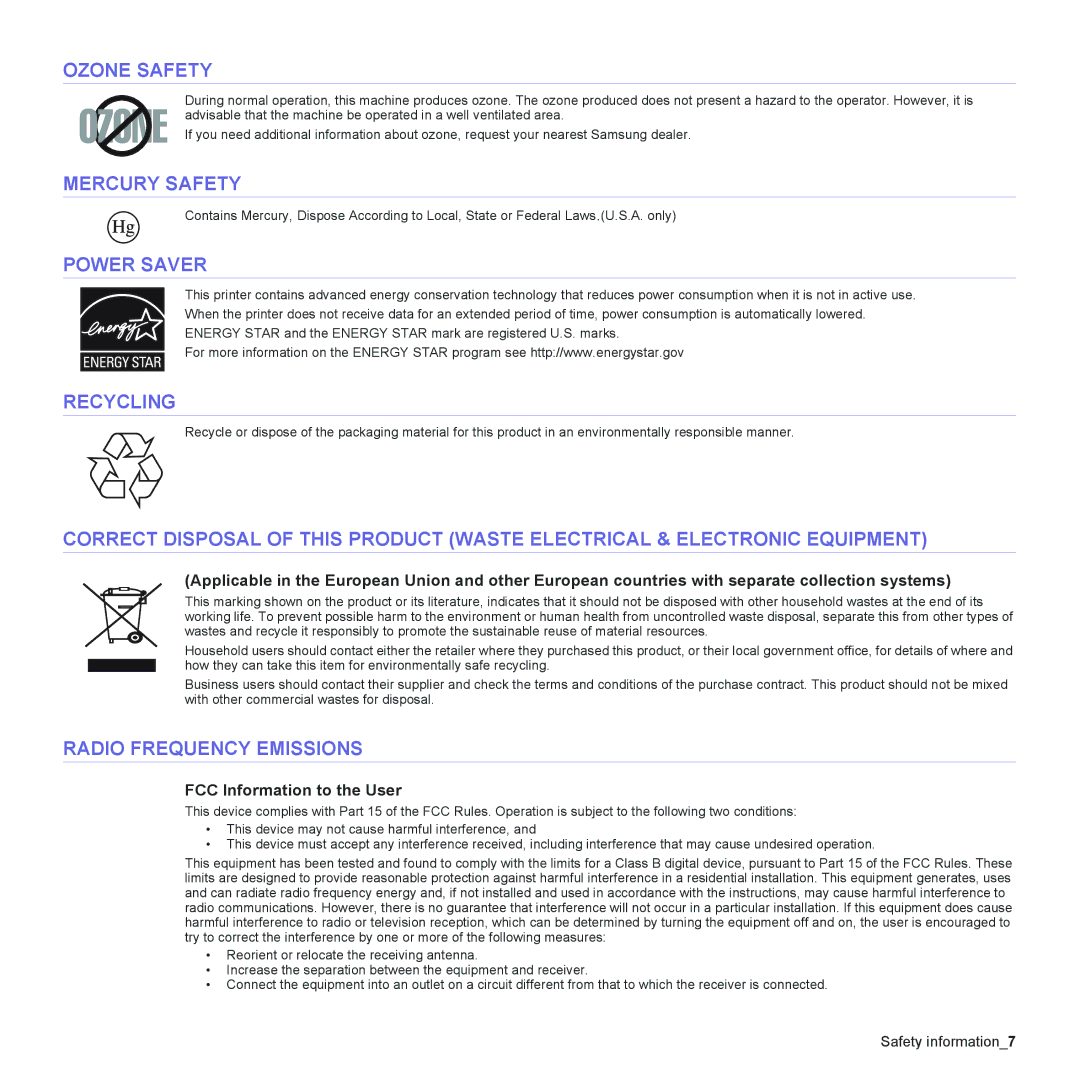 Samsung CLX-3175N, CLX-3175FW, CLX-3175FN Ozone Safety, Mercury Safety, Power Saver, Recycling, Radio Frequency Emissions 