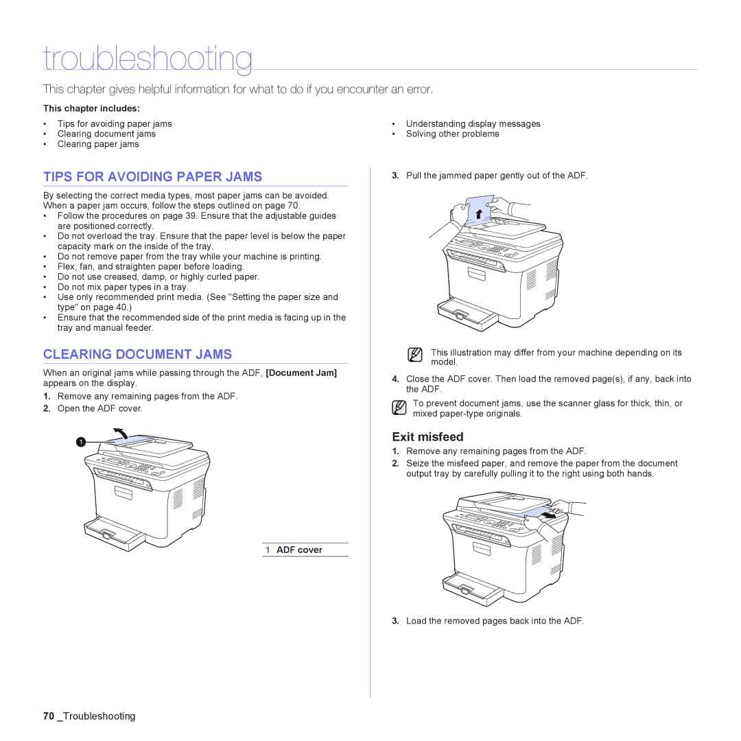 Samsung CLX-3175FW manual Troubleshooting, Tips for Avoiding Paper Jams, Clearing Document Jams, Exit misfeed, ADF cover 