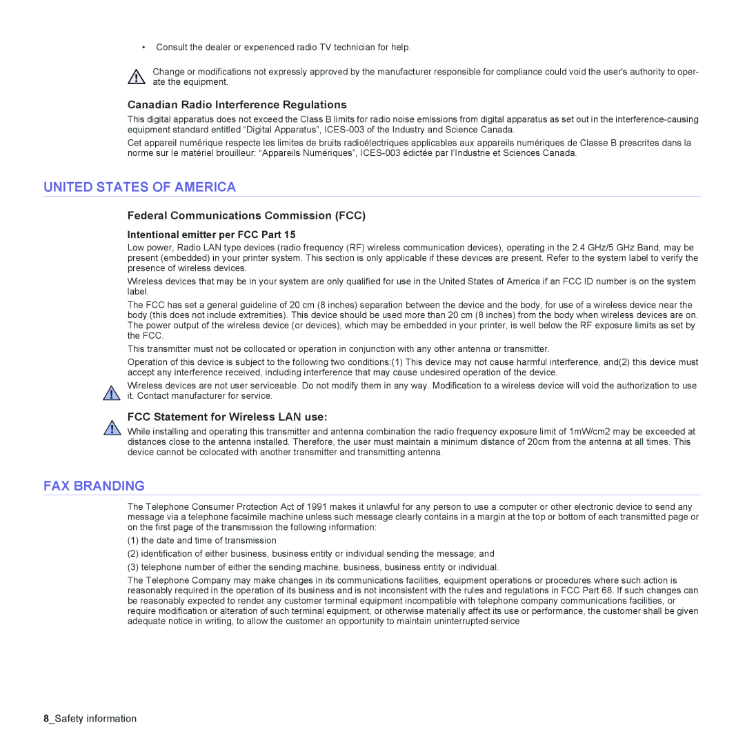 Samsung CLX-3175FW, CLX-3175FN manual United States of America, FAX Branding, Canadian Radio Interference Regulations 