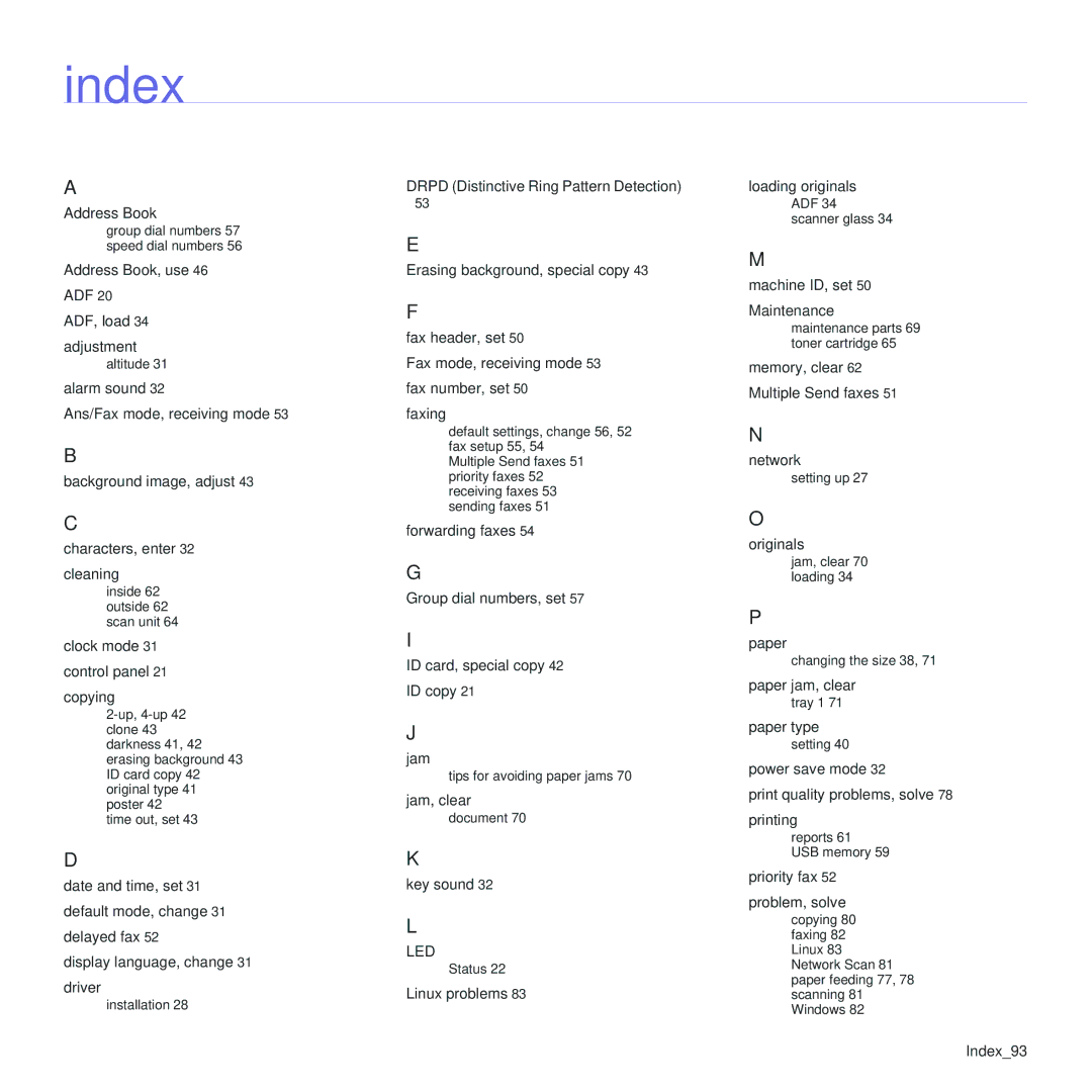 Samsung CLX-3175FW, CLX-3175FN, CLX-3175N, CLX-3170FN manual Index, Clock mode 31 control panel 21 copying 