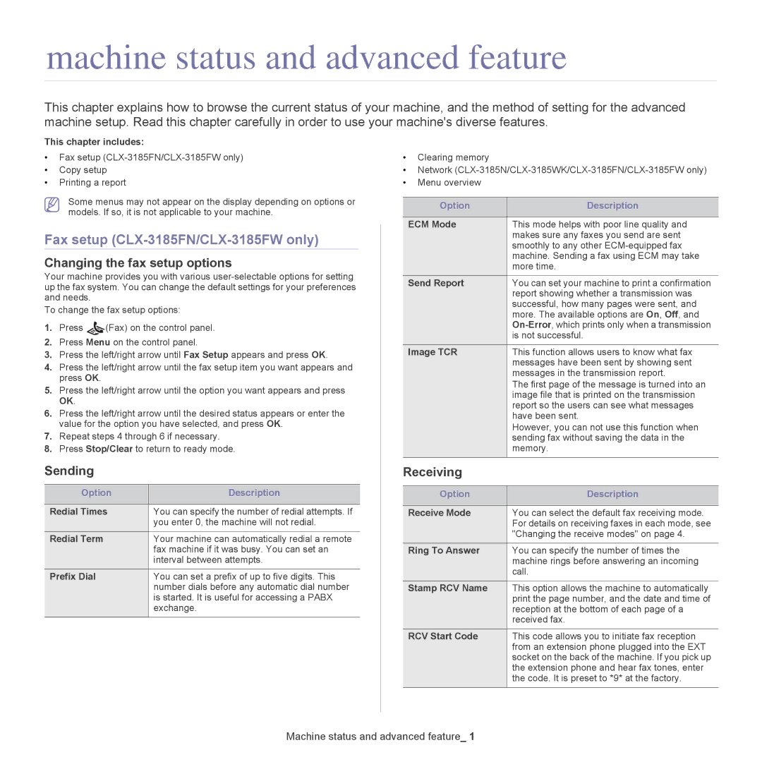 Samsung CLX-318X Machine status and advanced feature, Fax setup CLX-3185FN/CLX-3185FW only, Changing the fax setup options 