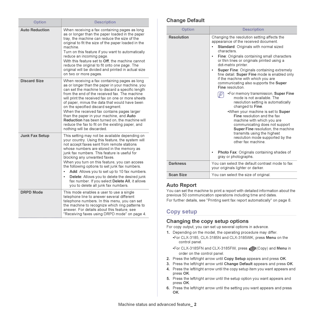 Samsung CLX-318X manual Copy setup, Change Default, Auto Report, Changing the copy setup options 