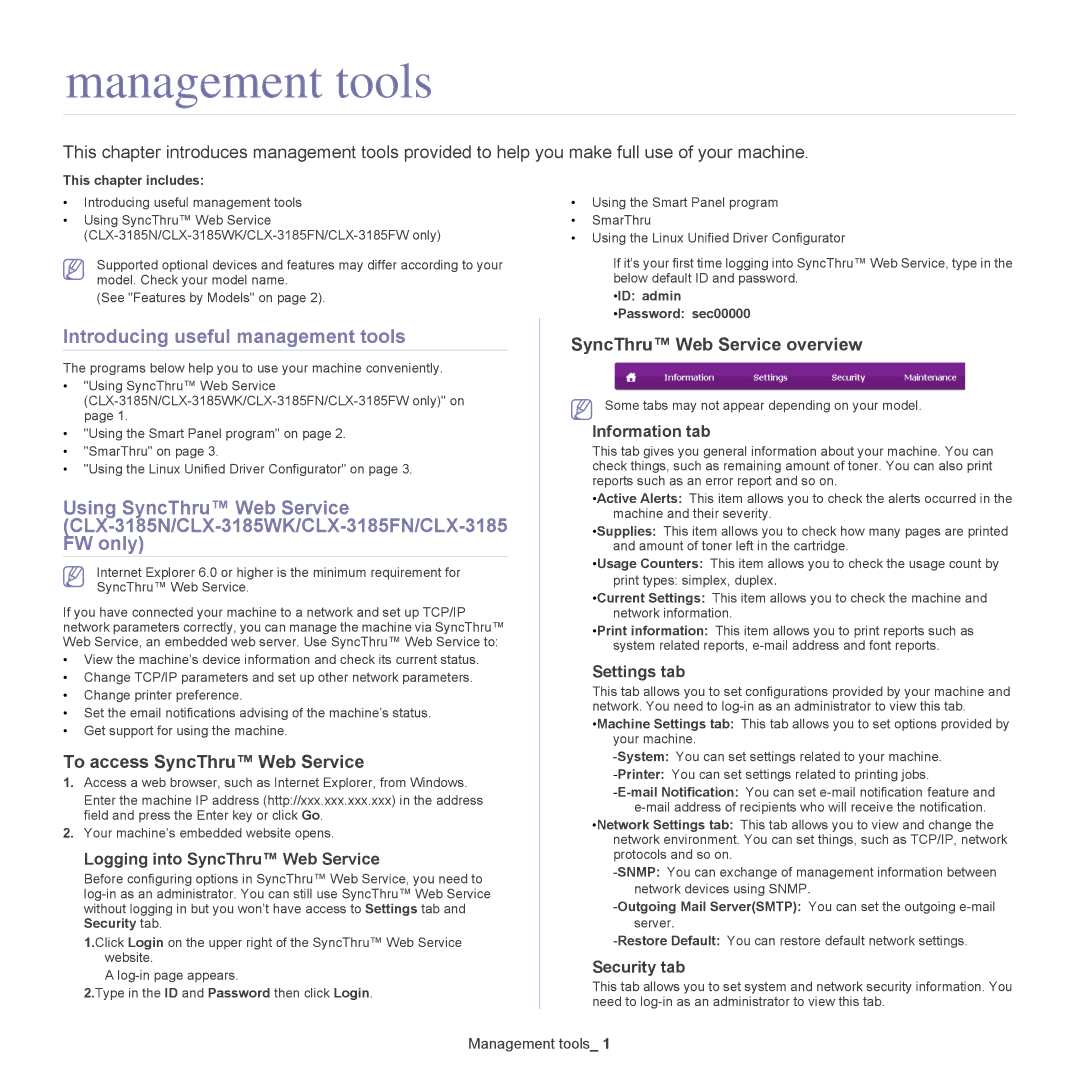 Samsung CLX-318X manual Management tools, Introducing useful management tools, To access SyncThru Web Service 